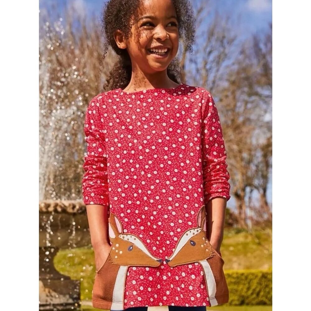 Mini Boden Red Floral Deer Tunic Dress Sz 7-8